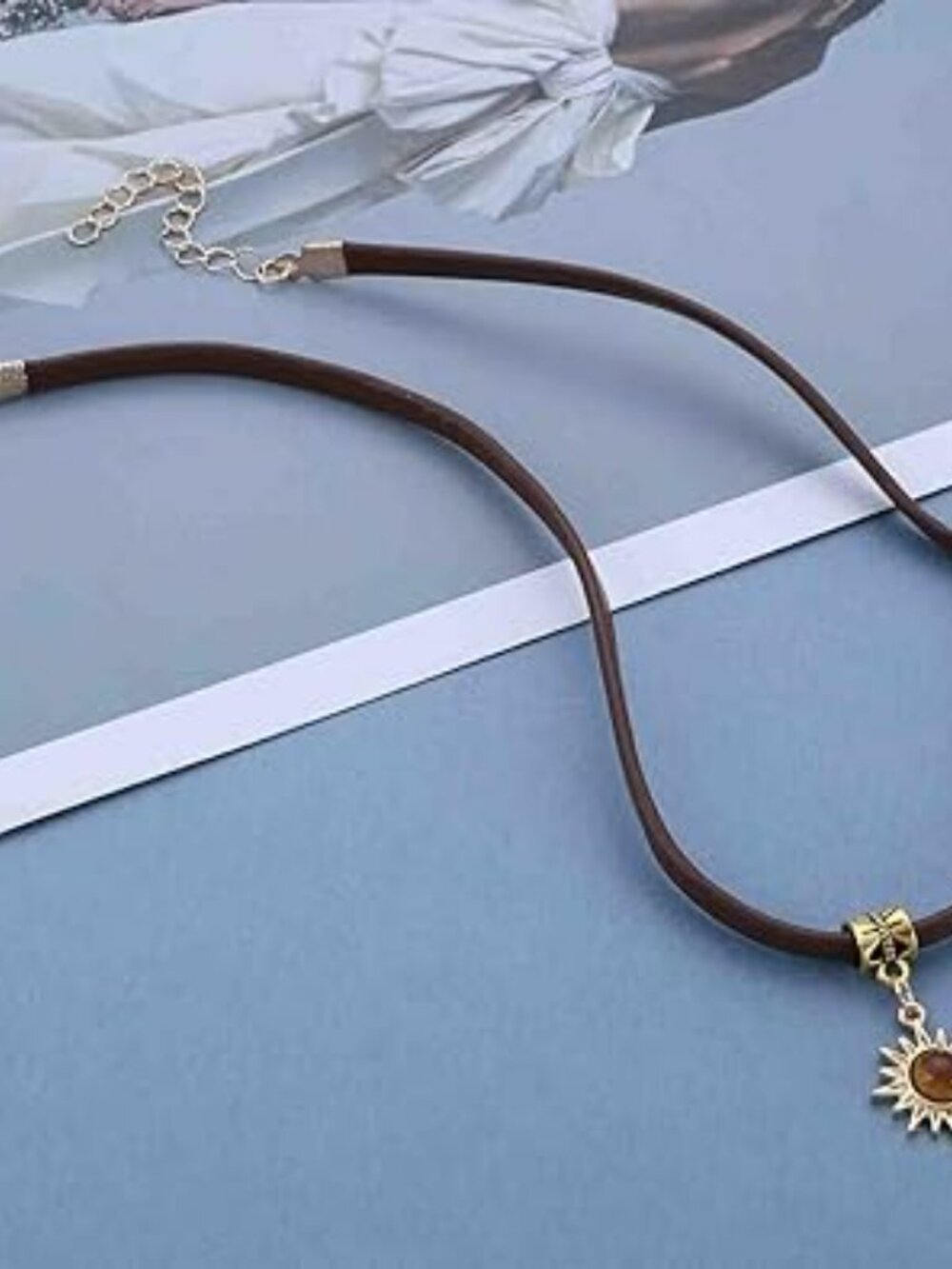 Brown Leather Choker Necklace Tiny Sunflower Pendant Necklace Country Boho - Picture 2 of 5